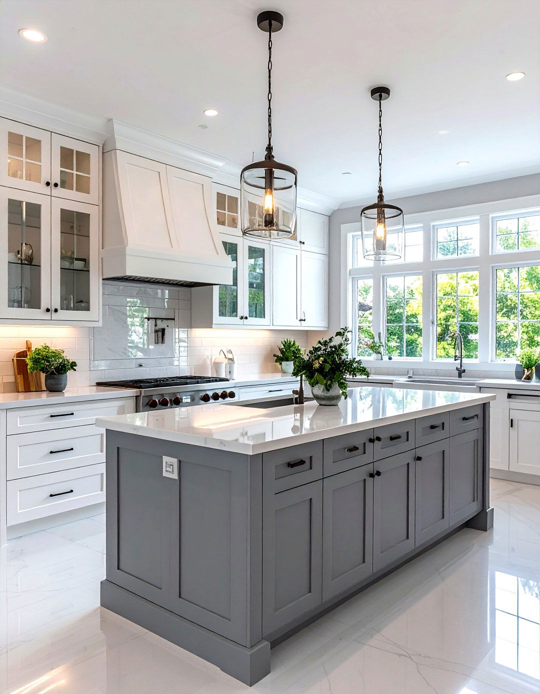 Elegant White Kitchen Cabinets with Grey Island and Glass Accents