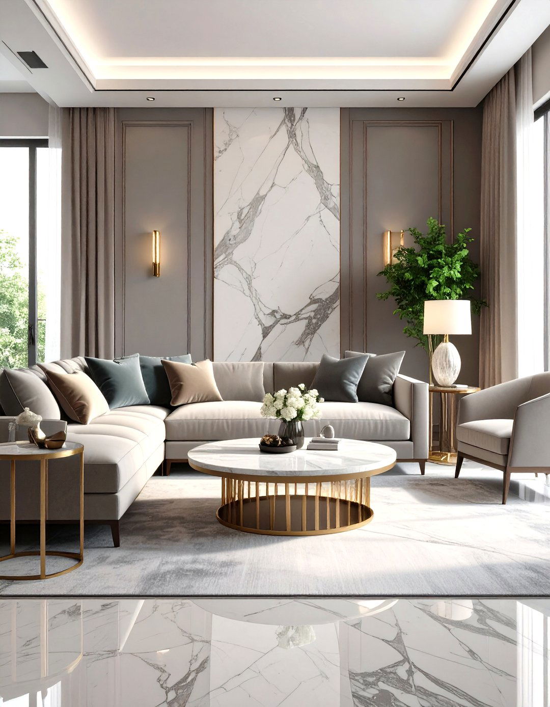 Elevate With Velvet and Marble - 20 Greige Living Room Ideas