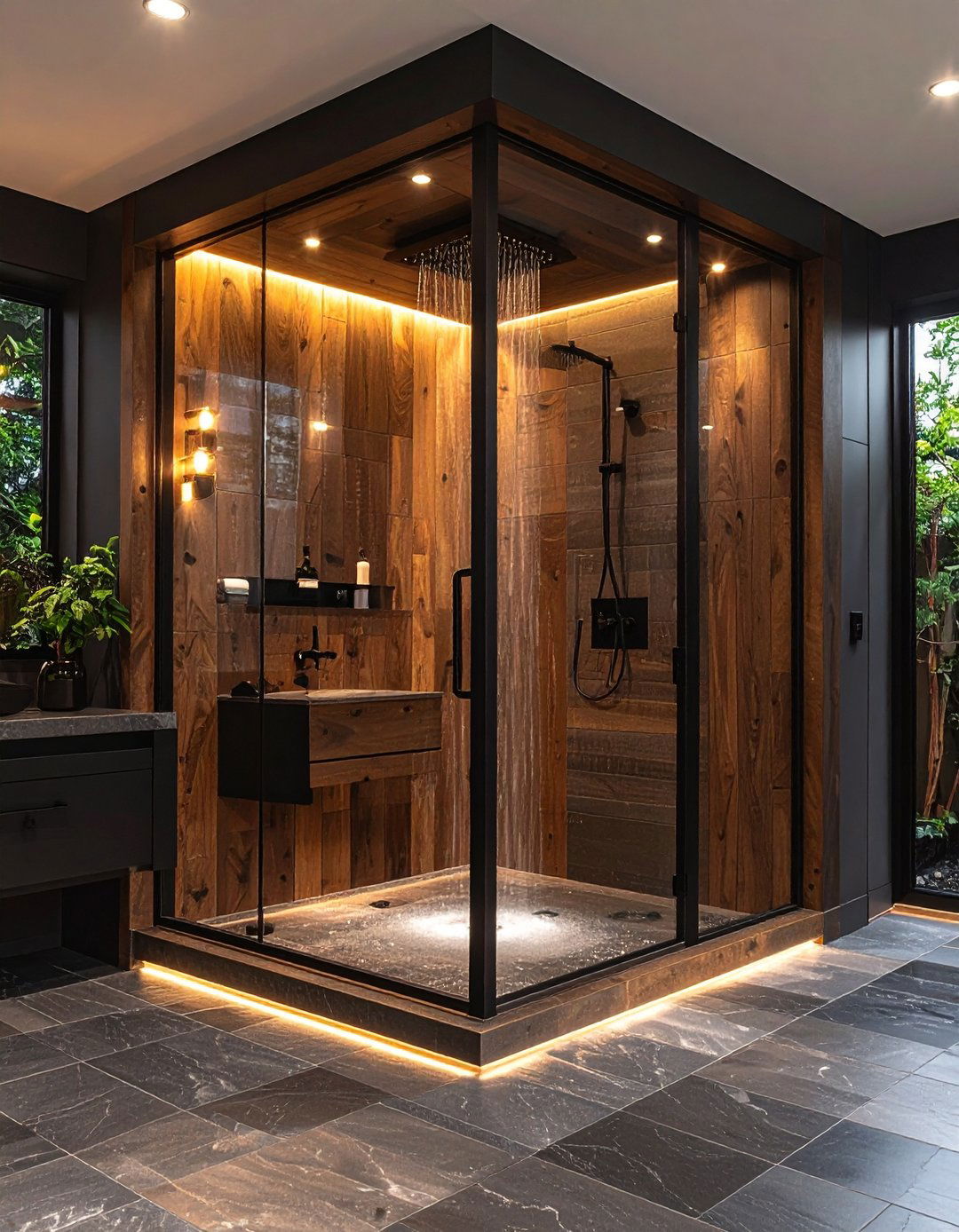 Elevate Your Shower with Dark Wood Tones - 20 Rustic Walk-in Shower Ideas