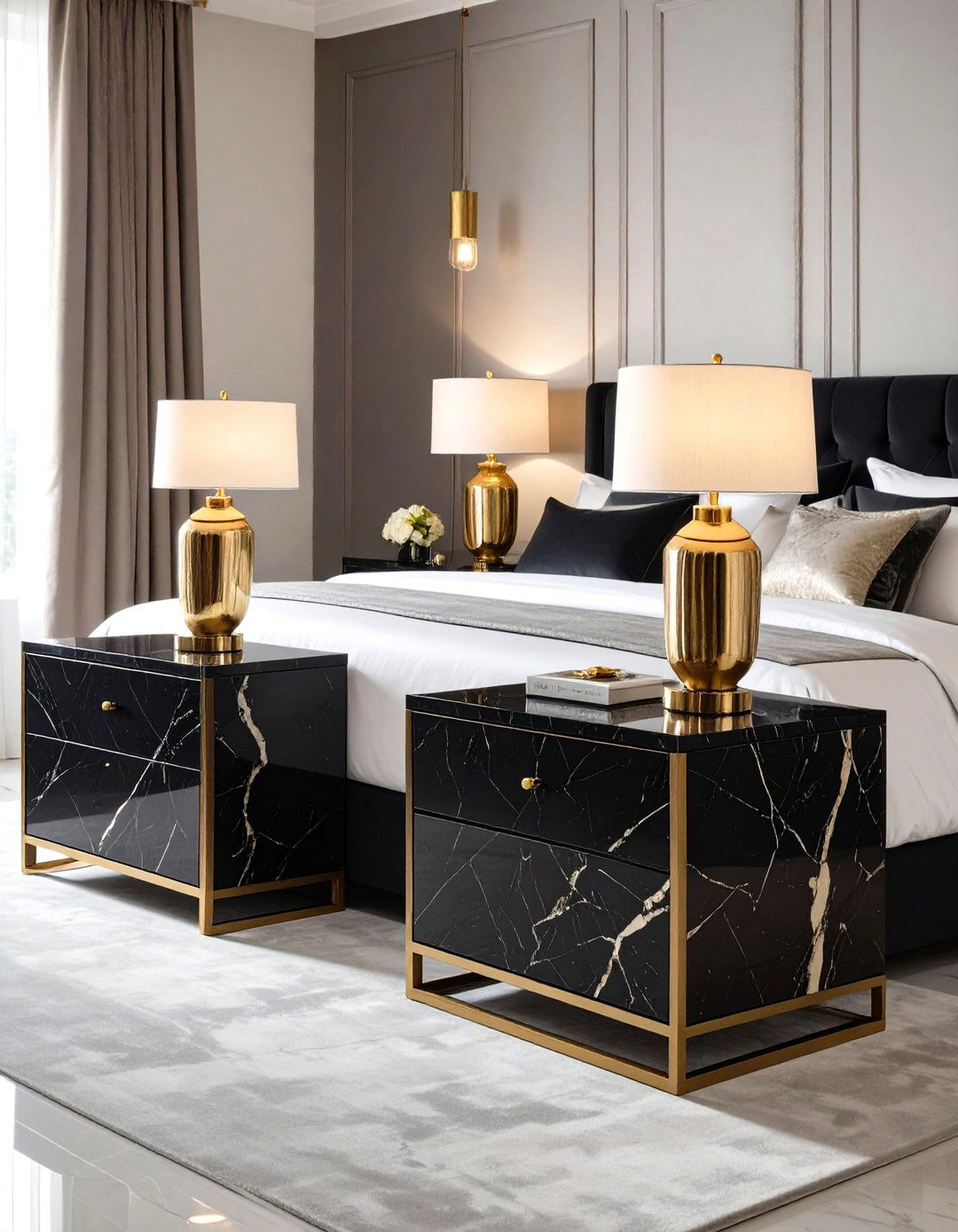 Elevate with Black Marble Side Tables - 20 Cream and Black Bedroom Ideas