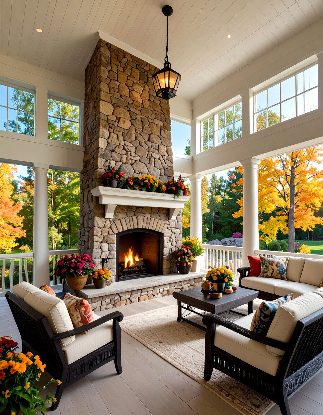 Elevated Porch Fireplace with Second Story Views - 20 Porch Fireplace Ideas
