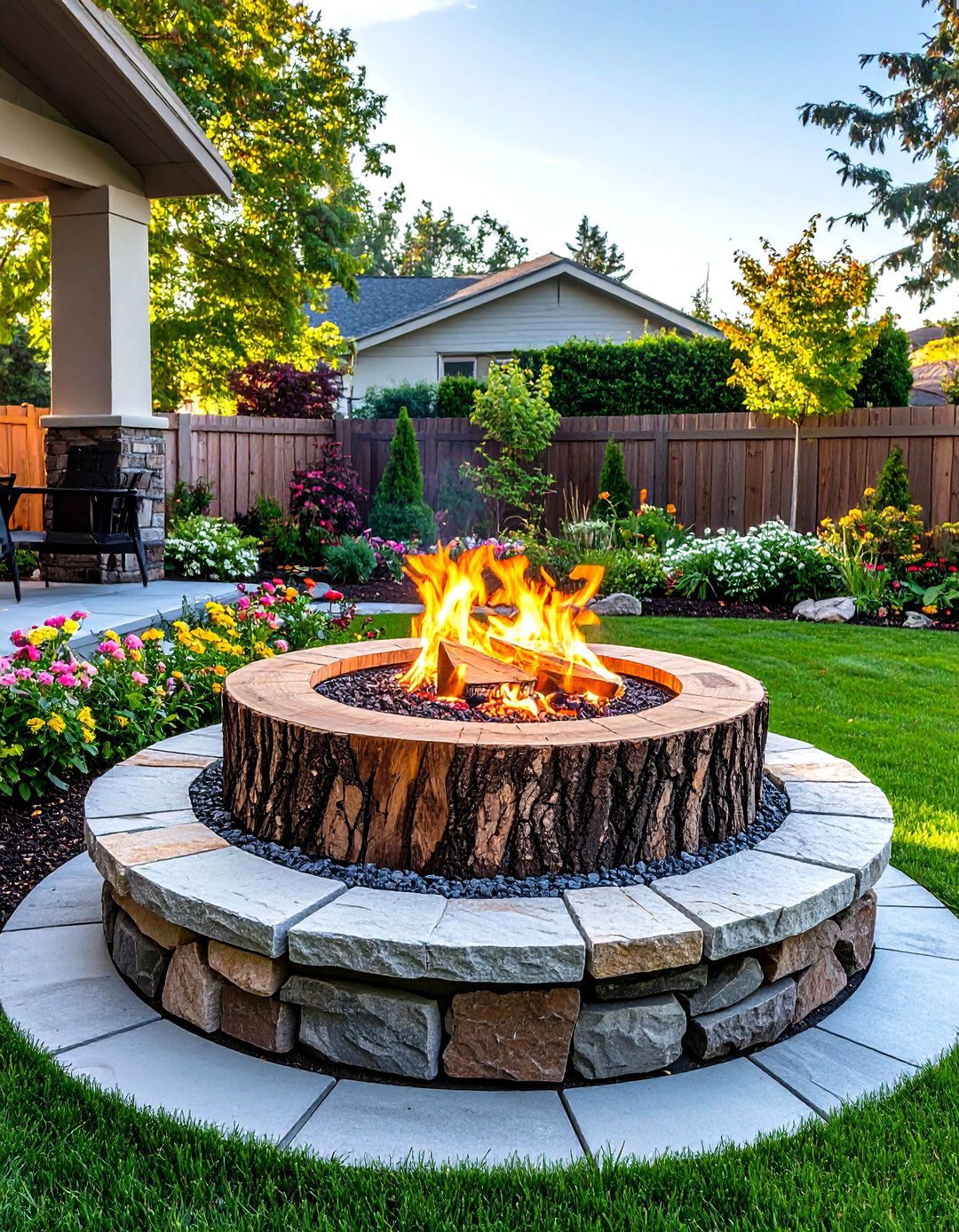 Elevated Tree Stump Fire Pit with Stone Base - 20 Tree Stump Fire Pit Ideas