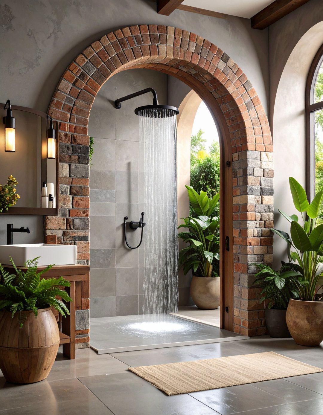 Embrace Classic Brick with Archway Charm - 20 Rustic Walk-in Shower Ideas