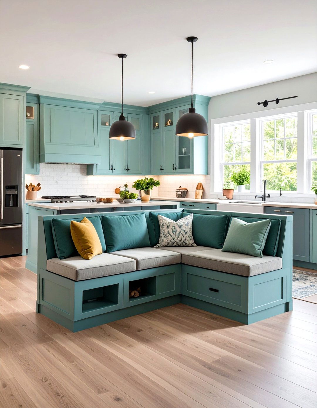 Embrace Color Blocked Cabinet Doors - 20 U Shaped Kitchen Ideas