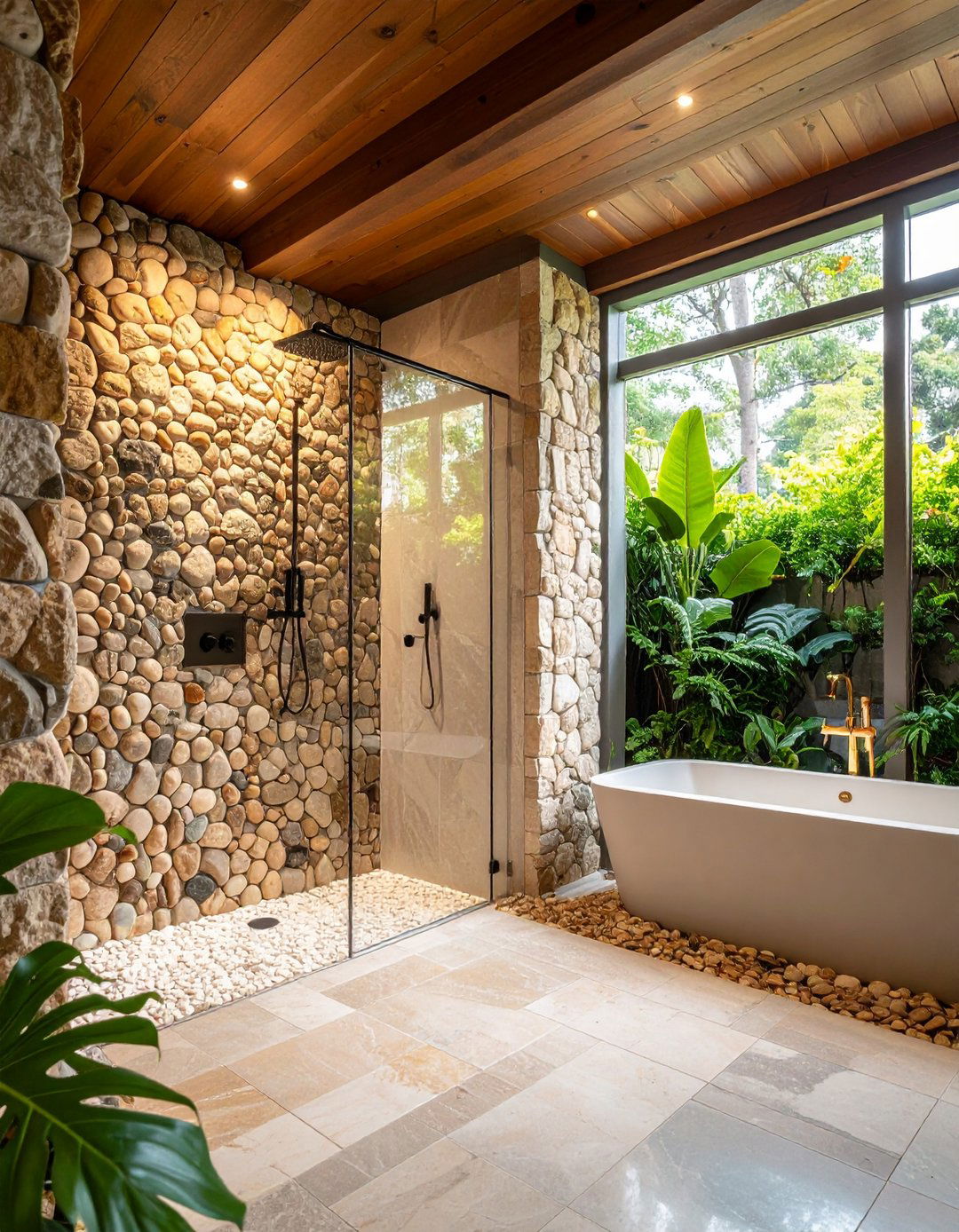 Embrace a Mosaic of Stones - 20 Rustic Walk-in Shower Ideas