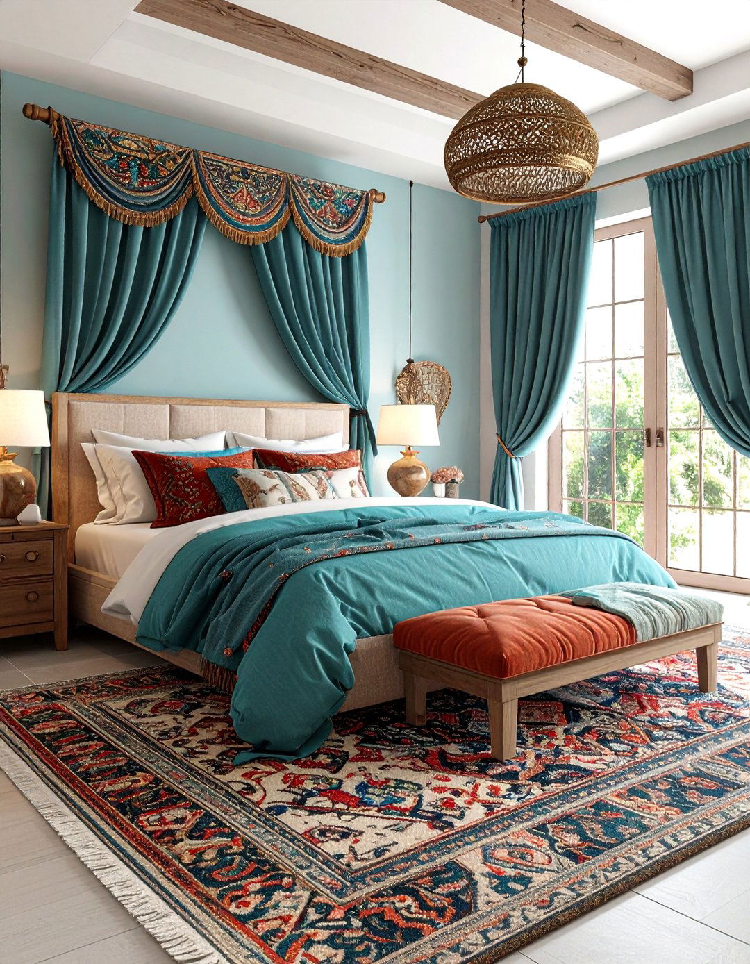 Embroidered Meander Trim Detailing a Greek Bedroom - 20 Greek Bedroom Design Ideas