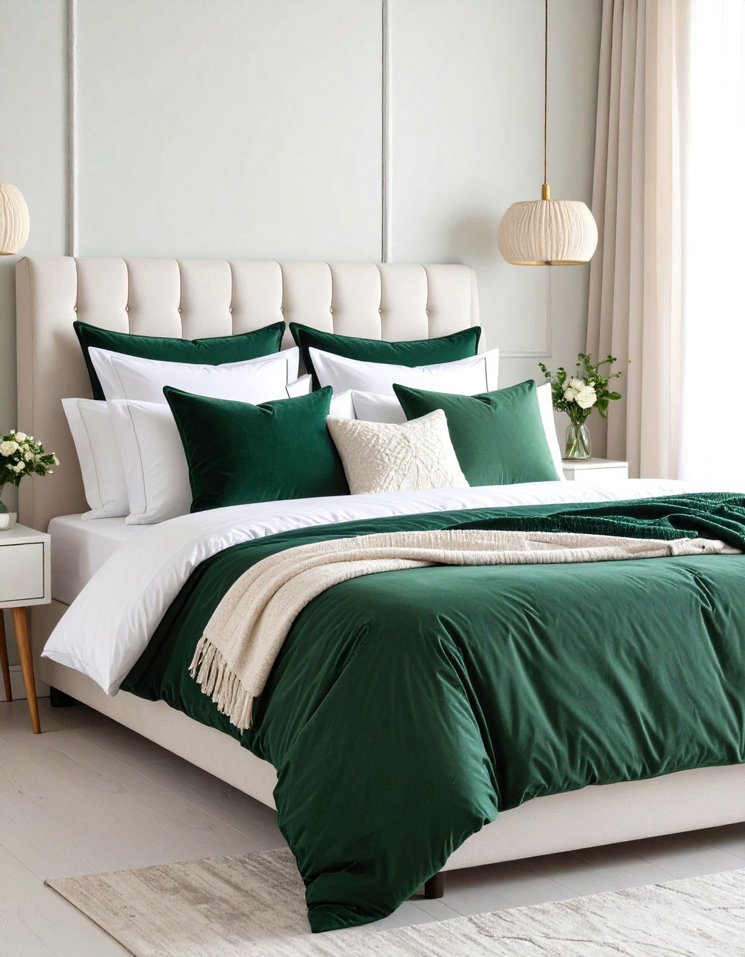 Emerald Accent Pillows to Elevate an All White Green and White Bedroom - 20 Green and White Bedroom Ideas