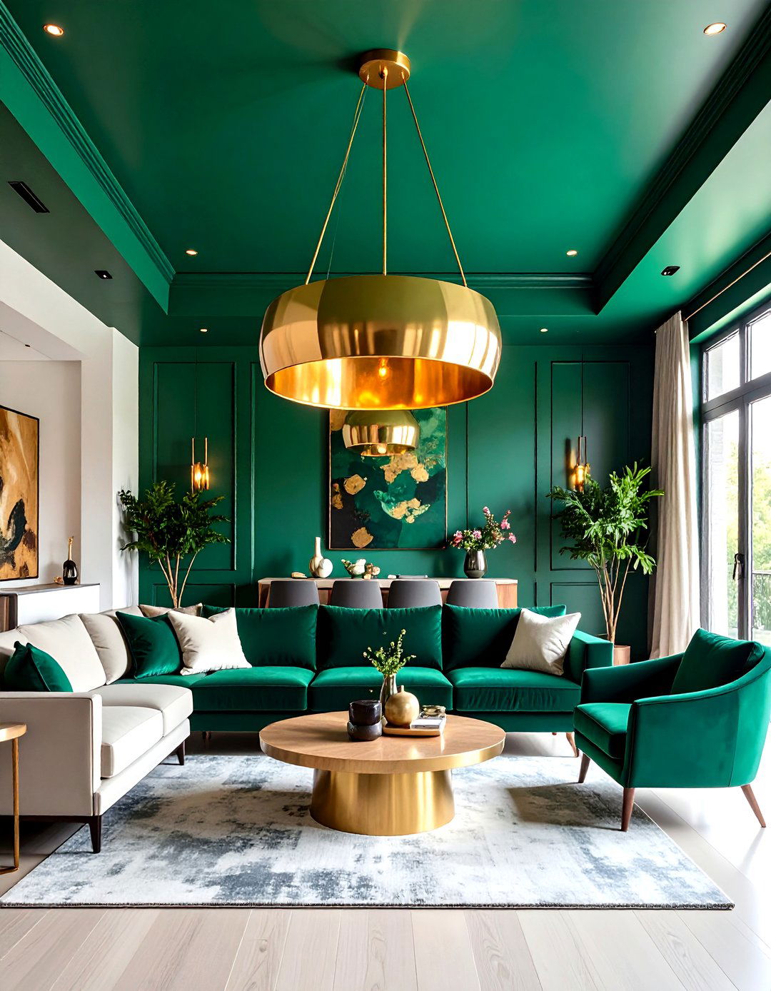 Emerald Ceiling with Gold Pendant - 20 Emerald Green and Gold Living Room Ideas