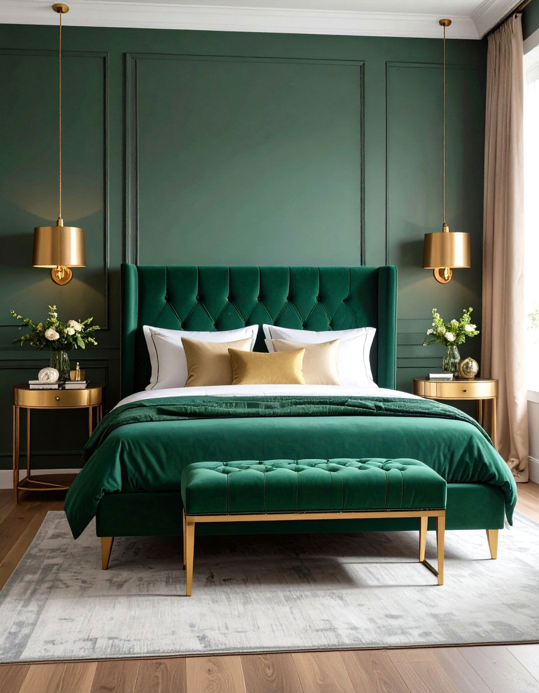 Emerald Daybed and Metallic Side Tables - 20 Emerald Green and Gold Bedroom Ideas
