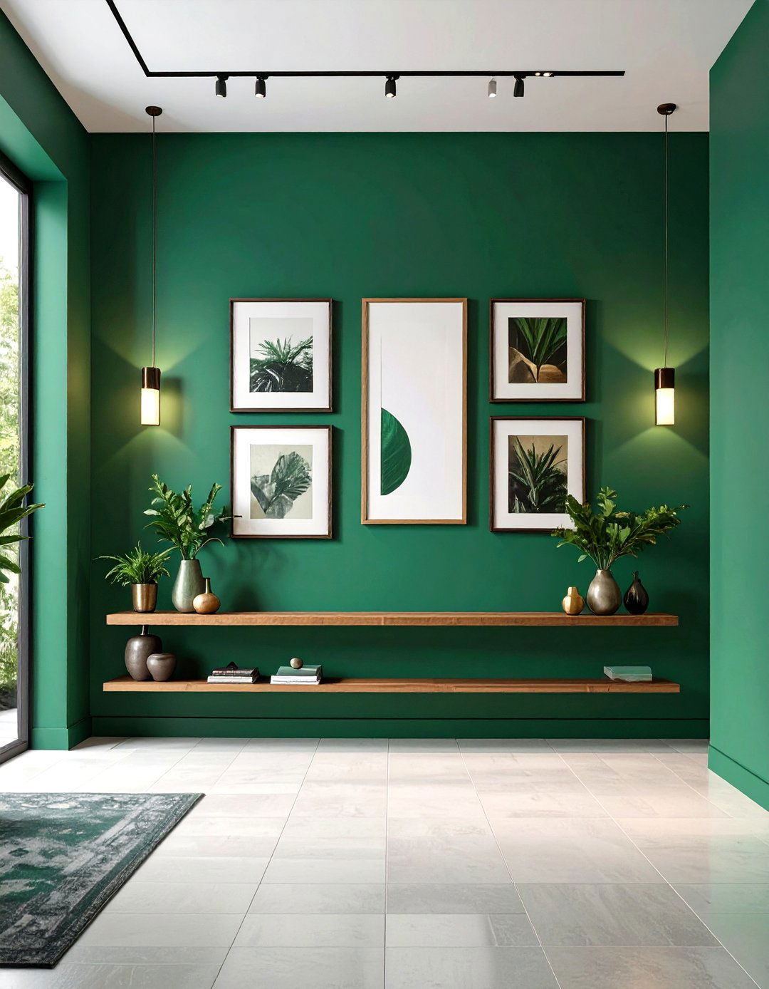 Emerald Green Accent Wall with Gallery Picture Ledge - 20 Green Accent Wall Ideas