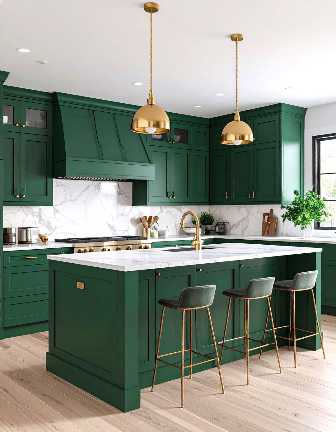 Emerald Green Cabinets with Brass Accents - 20 Green Kitchen Cabinet Ideas