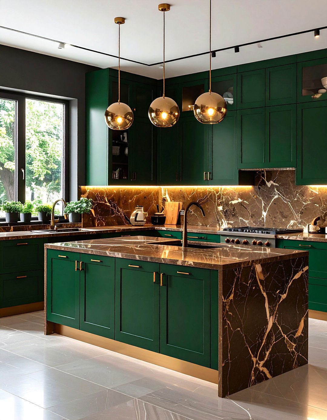 Emerald Green Gloss Kitchen Cabinets Paired with Brown Marble Countertops - 20 Green and Brown Kitchen Ideas