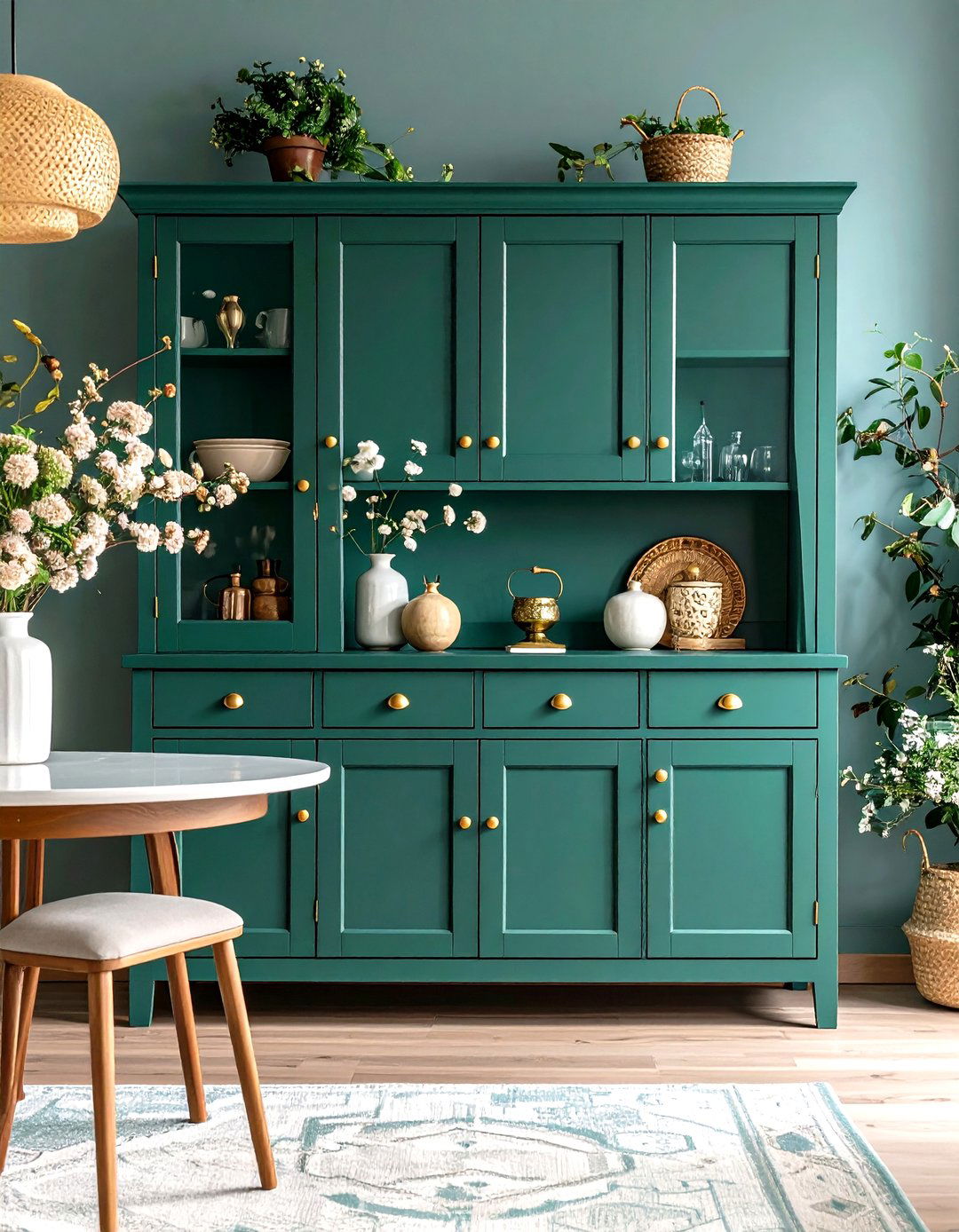 Emerald Green Storage Cabinet with Gold Handles for Living Room Organization - 20 Green and Gold Living Room Ideas