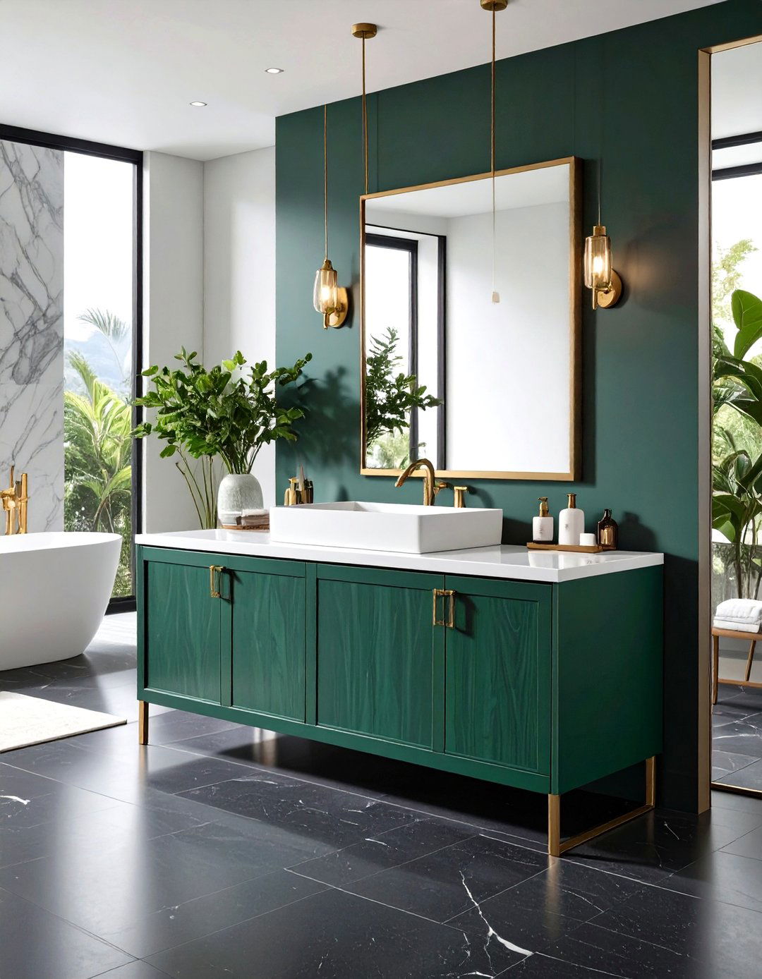 Emerald Green Vanity on Charcoal Gray Floors - 20 Green and Grey Bathroom Ideas