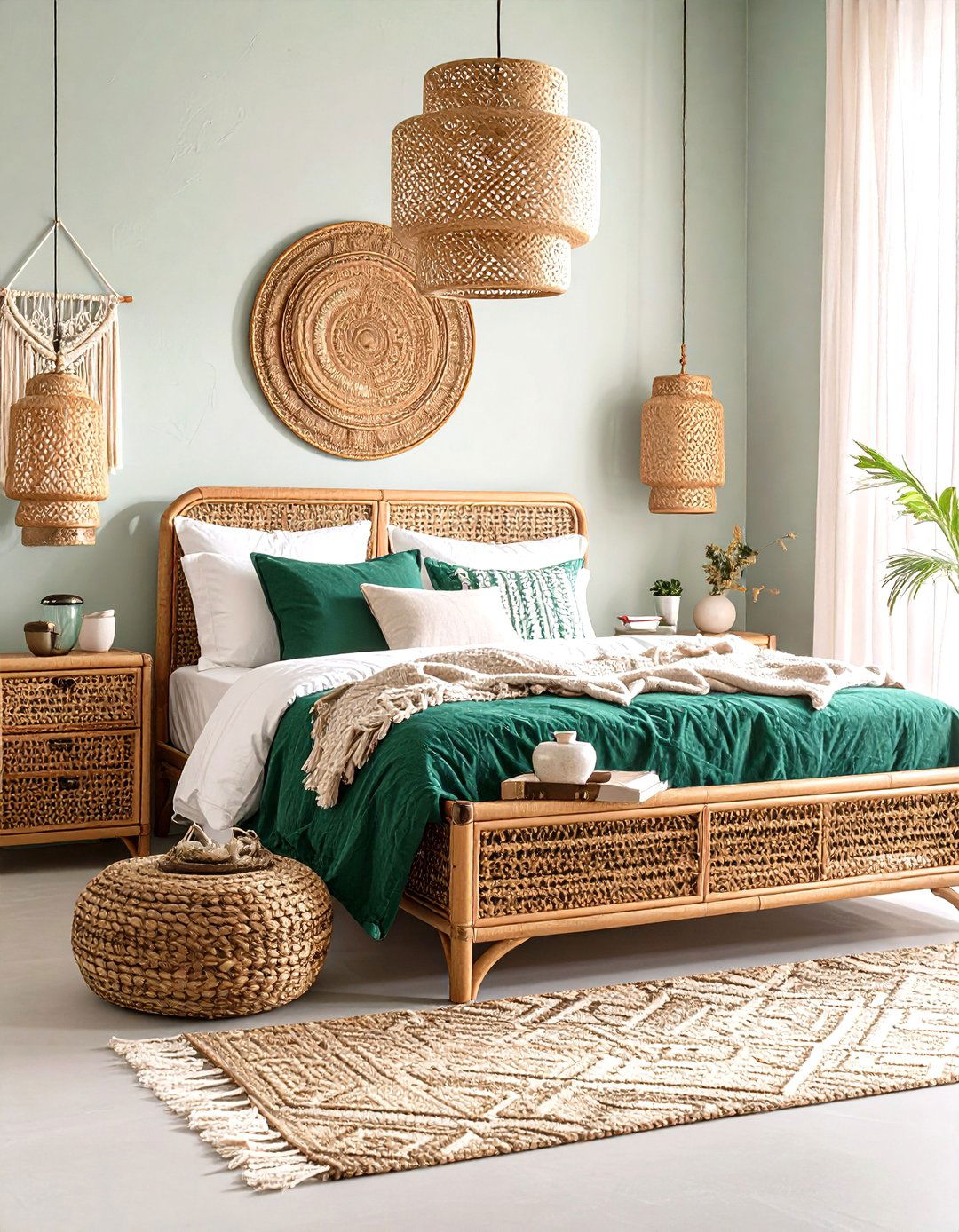Emerald Green and Rattan Fusion - 20 Emerald Green Bedroom Ideas