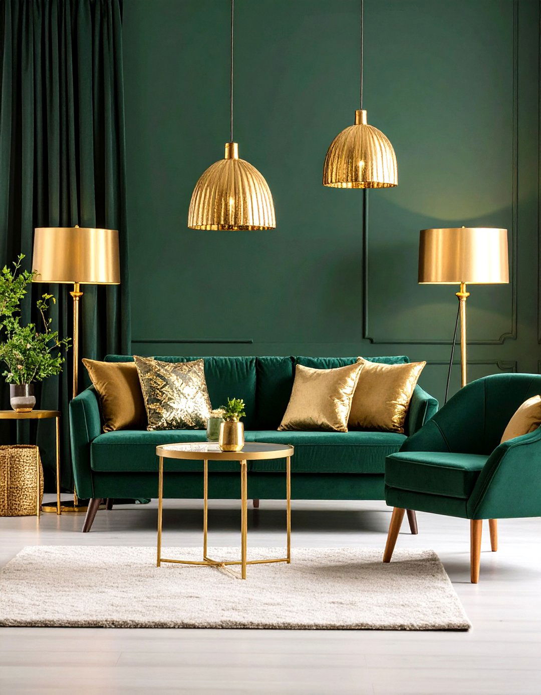 Emerald Lampshades for a Light Layered Accent - 20 Dark Green Living Room Ideas