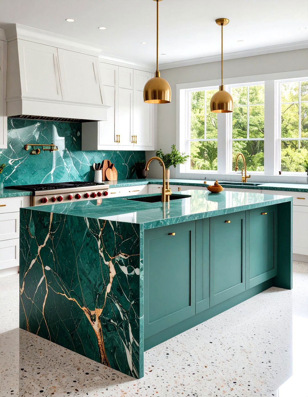 Emerald Marble Waterfall Island Countertops - 20 Kitchen With Green Countertops Ideas