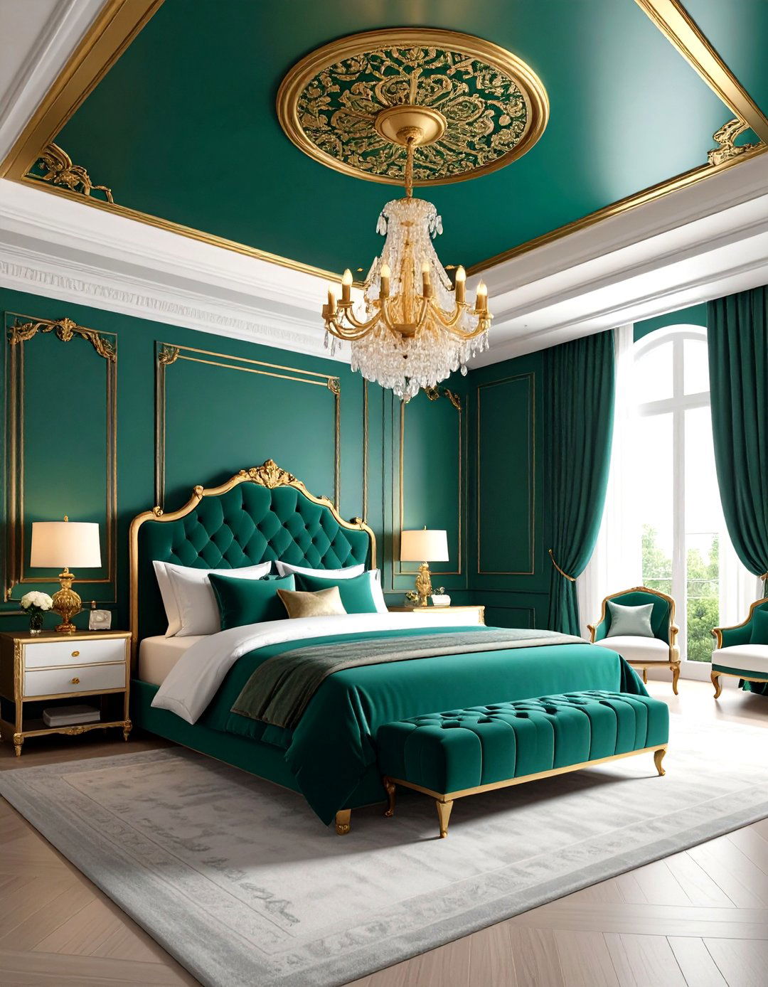 Emerald Painted Ceiling with Gold Leaf Inlay - 20 Emerald Green and Gold Bedroom Ideas