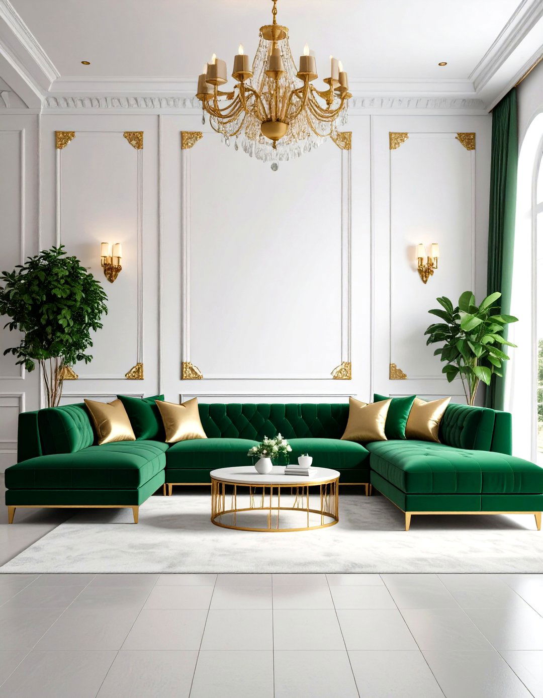 Emerald Sectional Framed by Gold Trim Molding - 20 Emerald Green and Gold Living Room Ideas