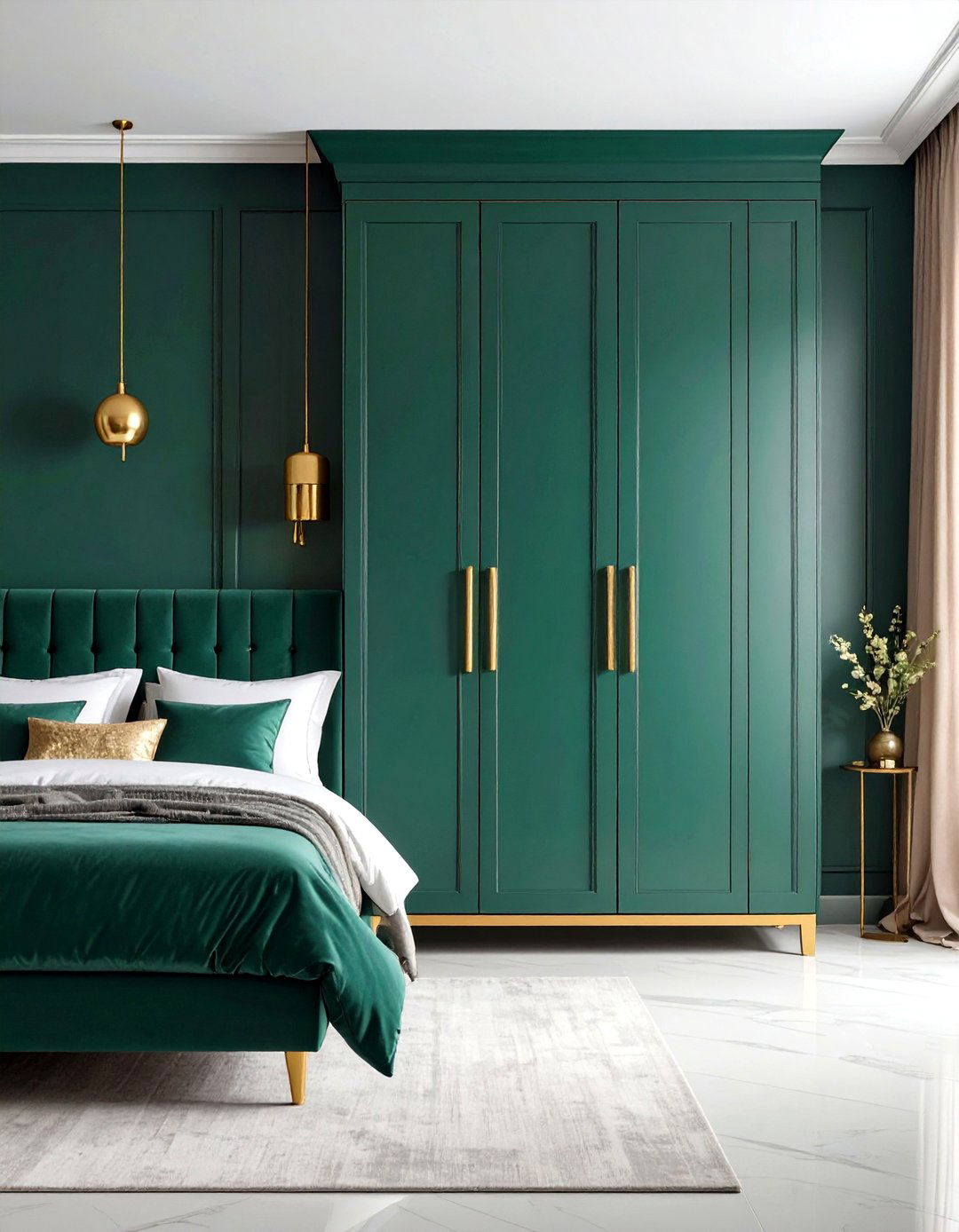 Emerald Slatted Wardrobes with Gold Pulls - 20 Emerald Green and Gold Bedroom Ideas