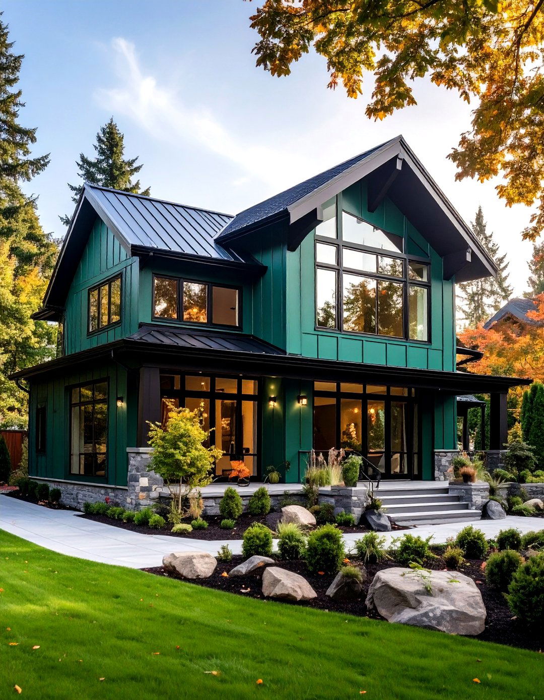 Emerald Statement on Modern Lines - 20 Green Exterior House Paint Ideas