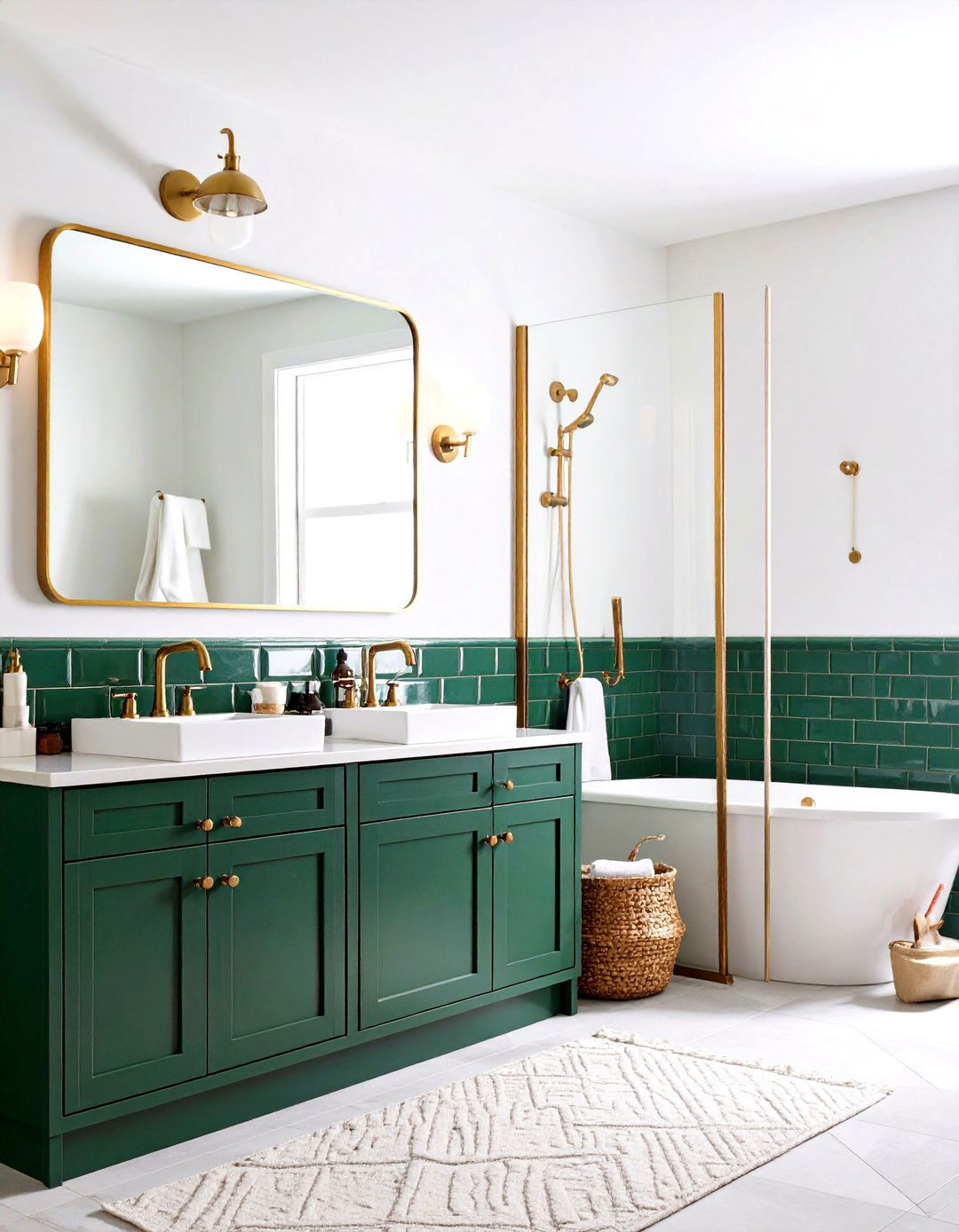 Emerald Subway Tile Bathroom with Gold Accents - 20 Green and Gold Bathroom Ideas