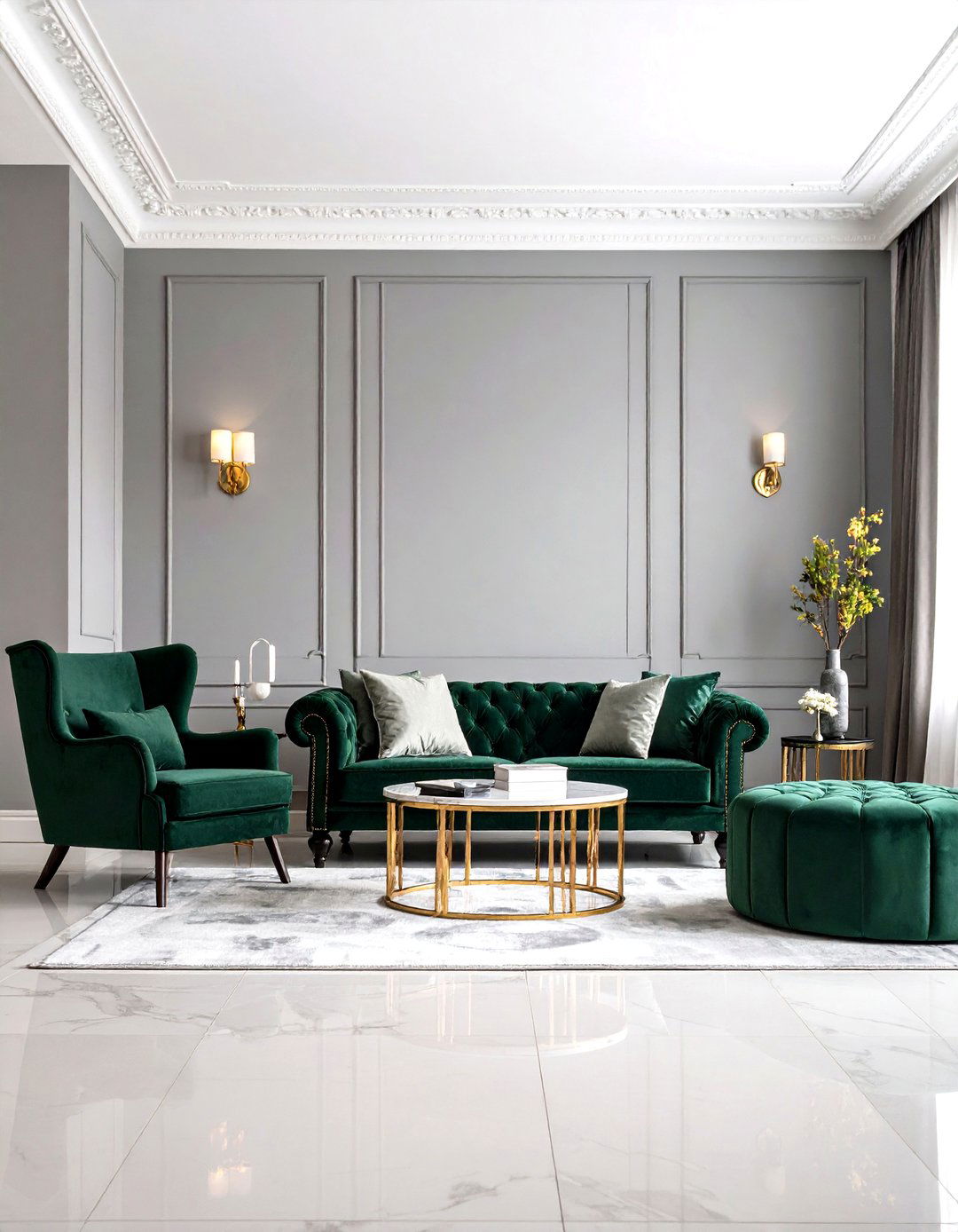 Emerald Velvet Accents Against Dove Grey Walls - 20 Green and Grey Living Room Ideas