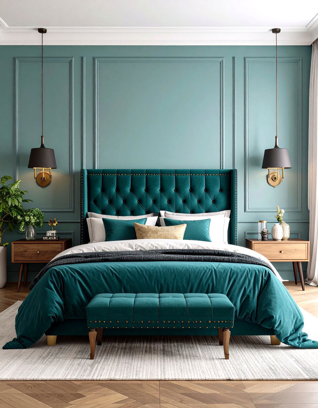 Emerald Velvet Headboard Statement - 20 Emerald Green Bedroom Ideas