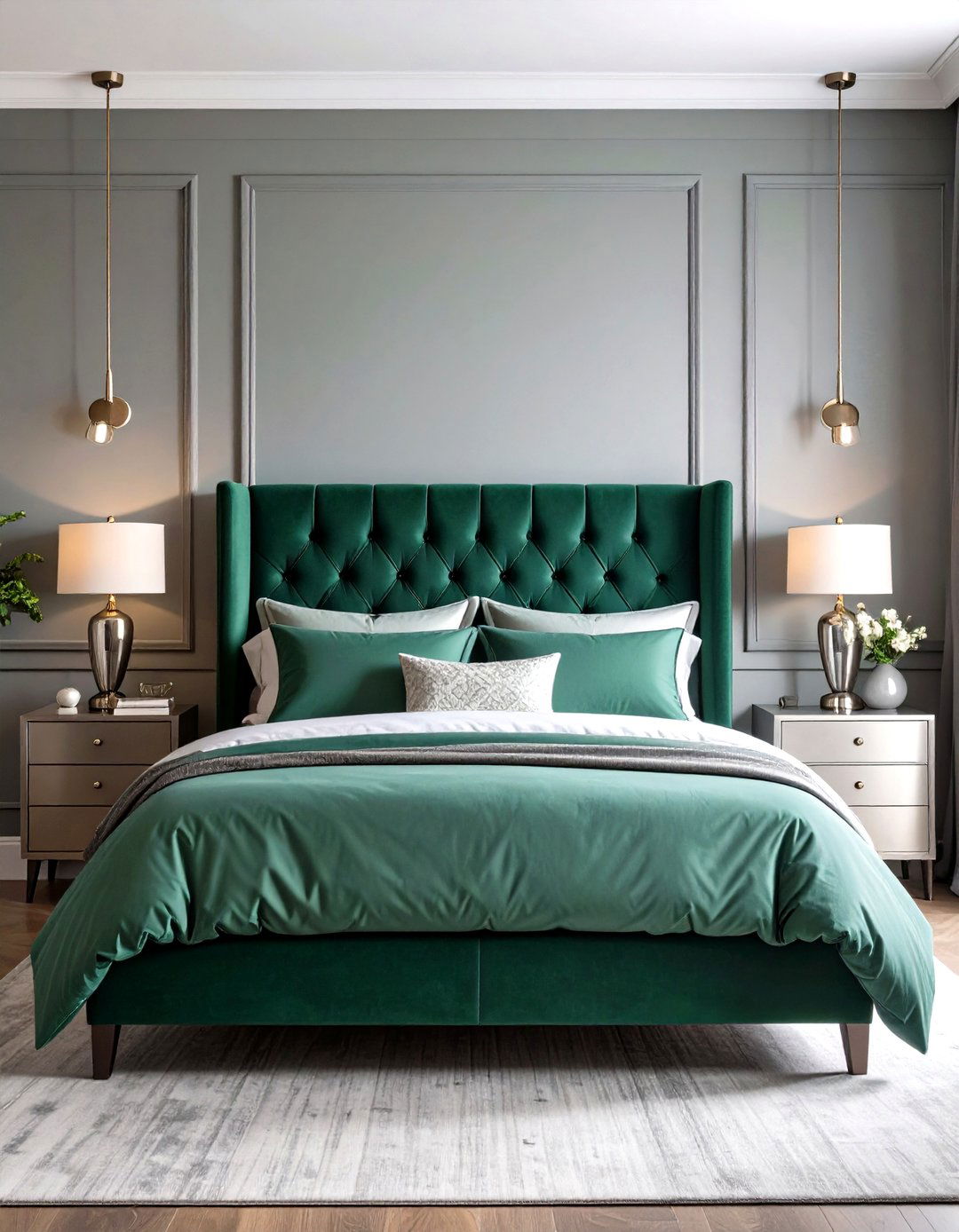 Emerald Velvet Headboard and Pewter Decor - 20 Green and Grey Bedroom Ideas
