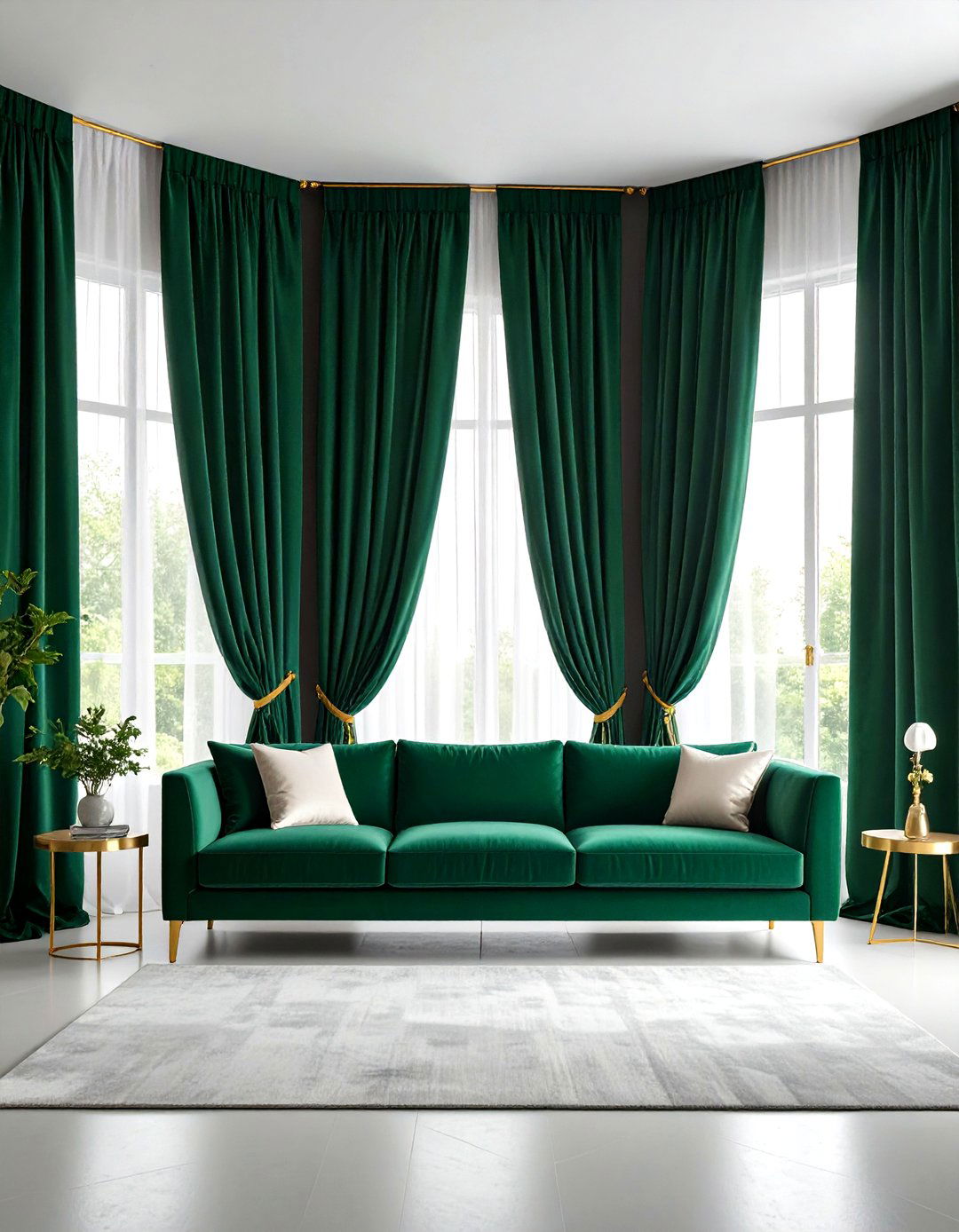 Emerald Velvet Living Room Curtains with Gold Tiebacks - 20 Green and Gold Living Room Ideas