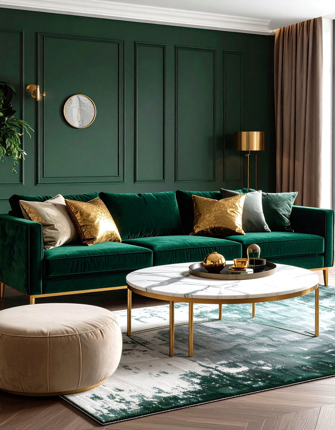 Emerald Velvet Living Room Sofa with Gold Accent Legs - 20 Green and Gold Living Room Ideas
