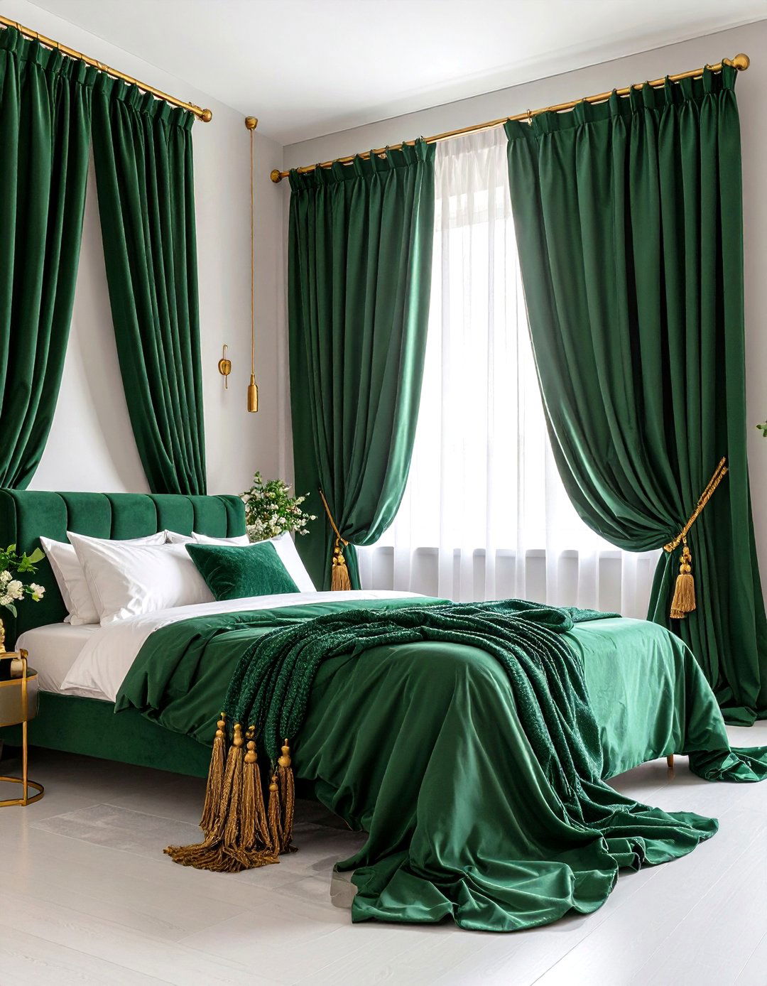 Emerald Window Treatments and Golden Curtain Rods - 20 Emerald Green and Gold Bedroom Ideas