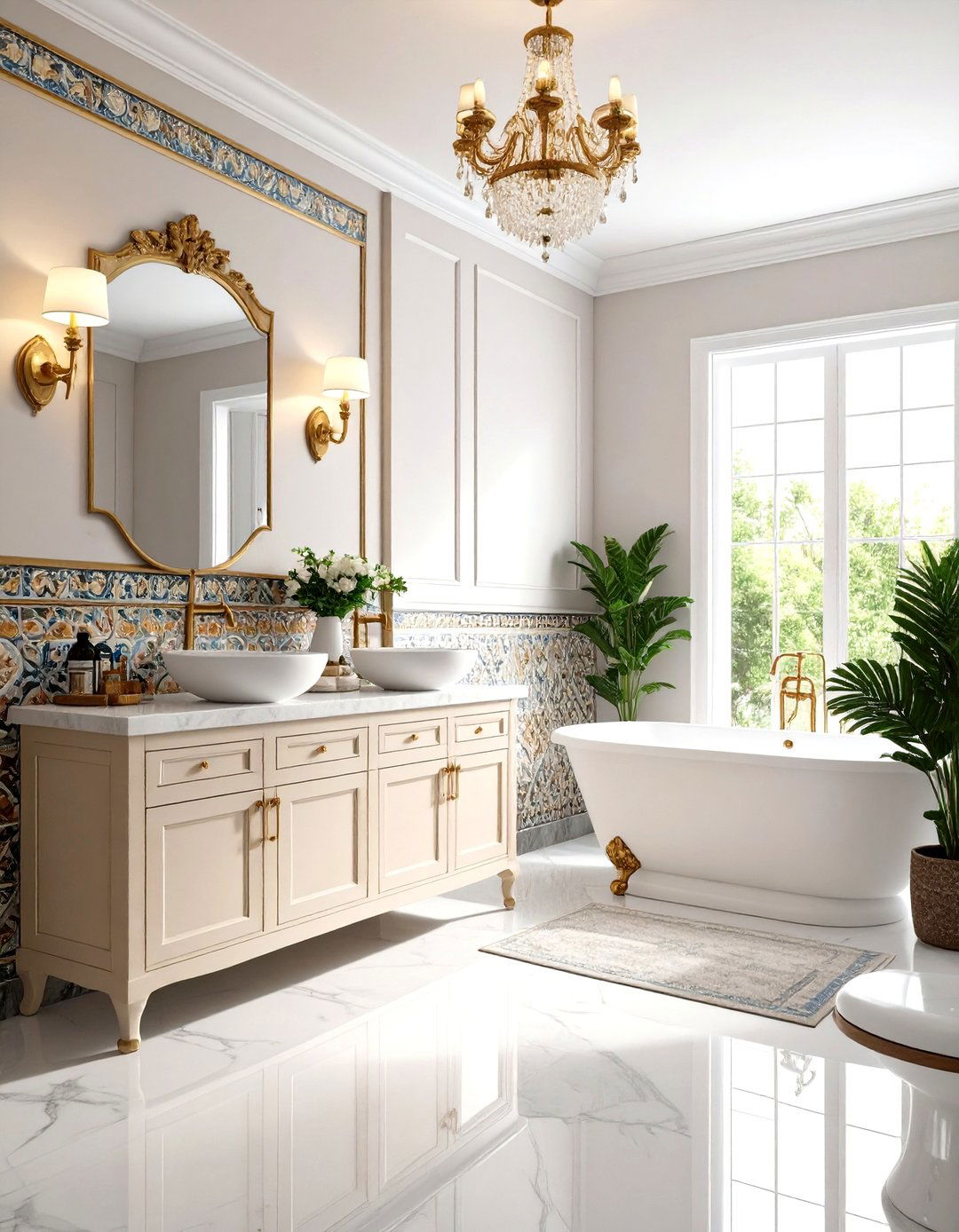 Encaustic Pattern Half Wall Tile Showcases Artisan Craft - 20 Half-wall Tile Bathroom Ideas
