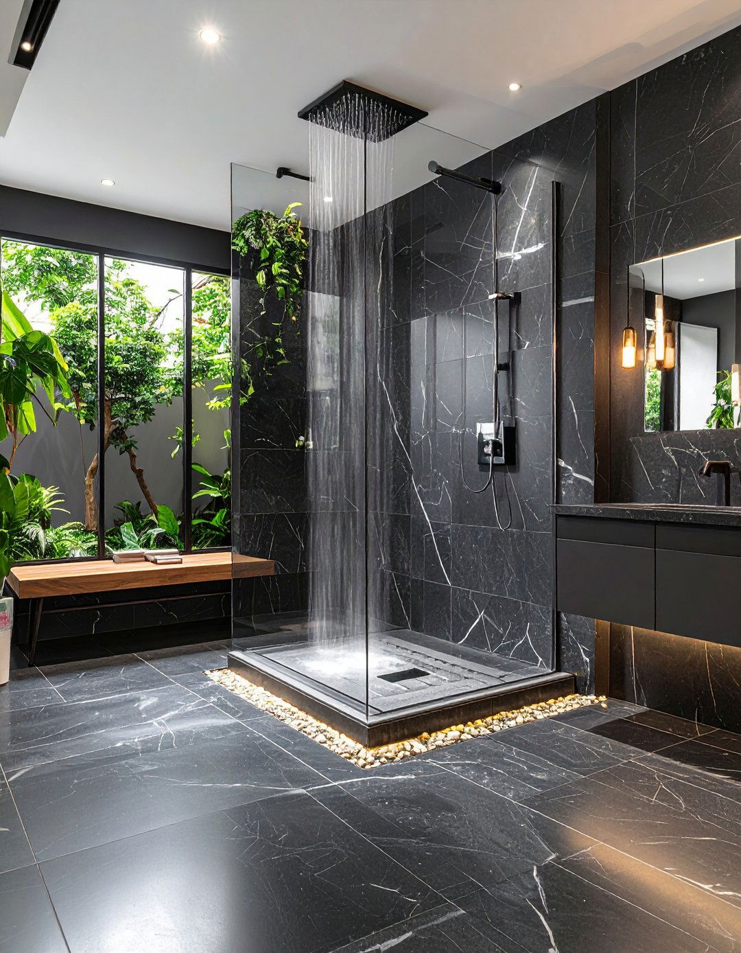 Endless Shower Slab Wrapped Wet Room - 20 Black Marble Bathrooms