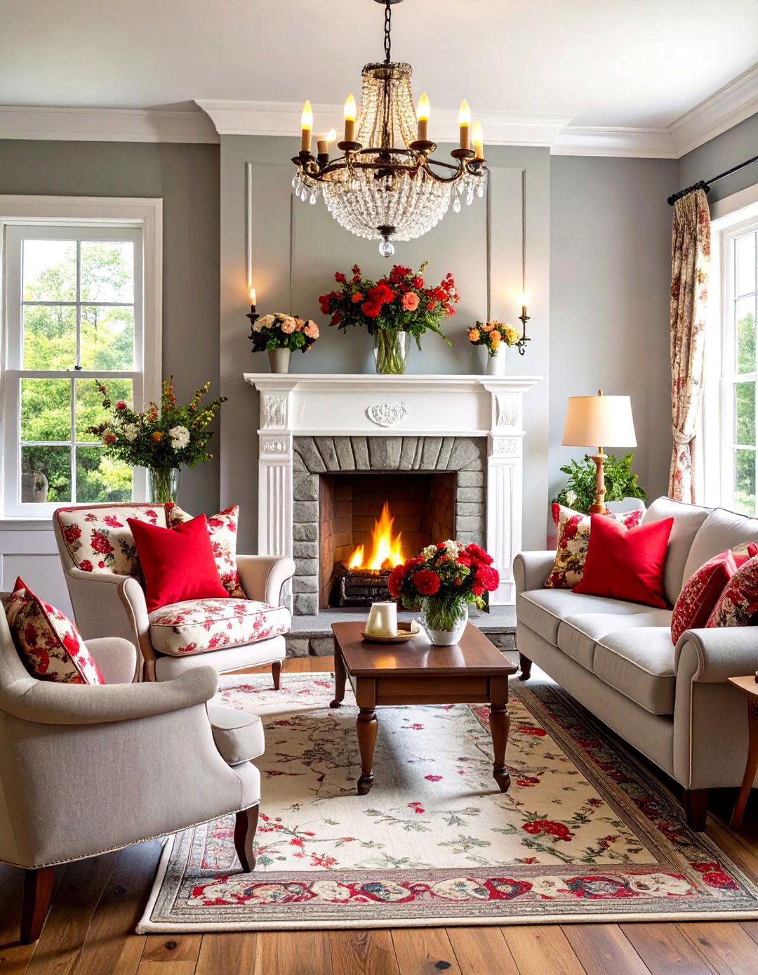 English Cottage Red and Grey Living Room with Floral Patterns - 20 Red and Grey Living Room Ideas