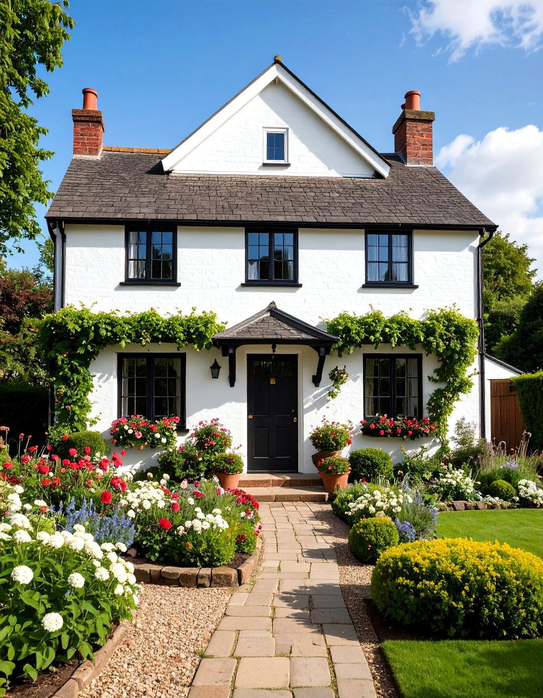 English Country White Brick House With Black Trim and Garden Integration - 20 White Brick House With Black Trim