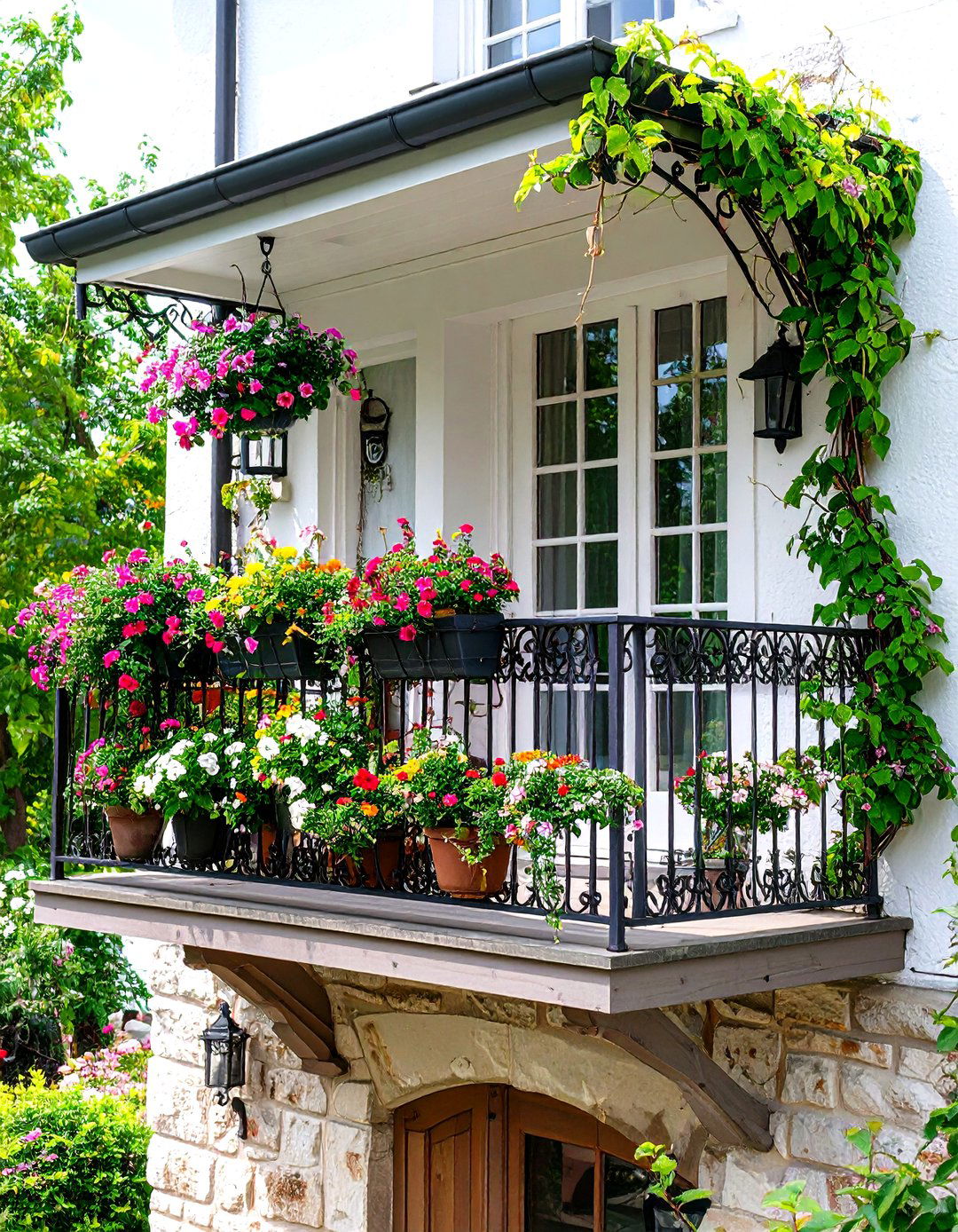 English Garden Juliet Balcony with Climbing Plant Support - 20 Juliet Balcony Ideas