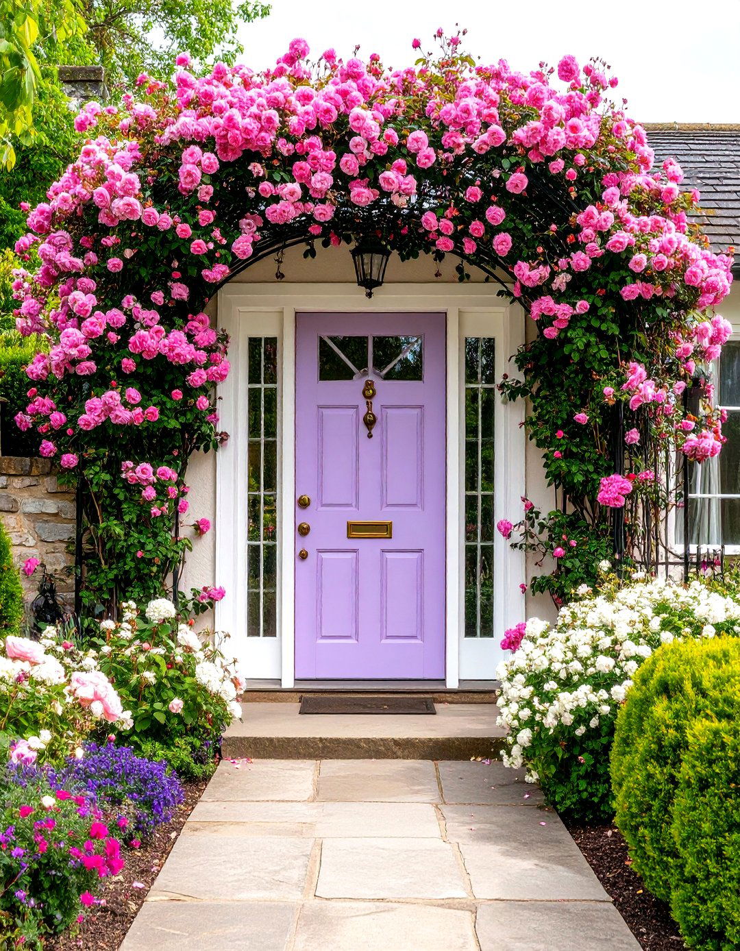 English Garden Lavender Front Door with Climbing Roses - 20 Lavender Front Door Ideas