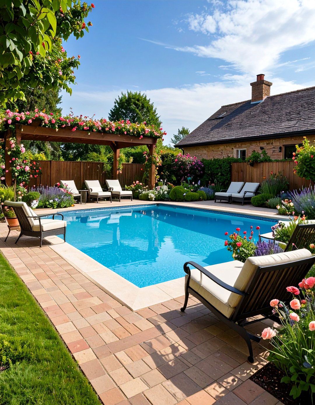 English Garden Pool Patio with Brick and Flowers - 20 Pool Patio Ideas