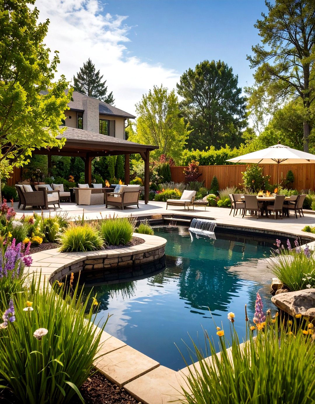 Entertainment Focused Pond Landscaping with Outdoor Living Integration - 20 Pond Landscaping Ideas