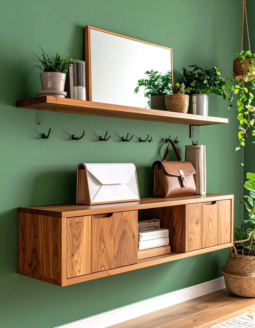 Entryway Floating Shelf with Hooks Welcomes and Organizes - 20 Floating Shelves Ideas