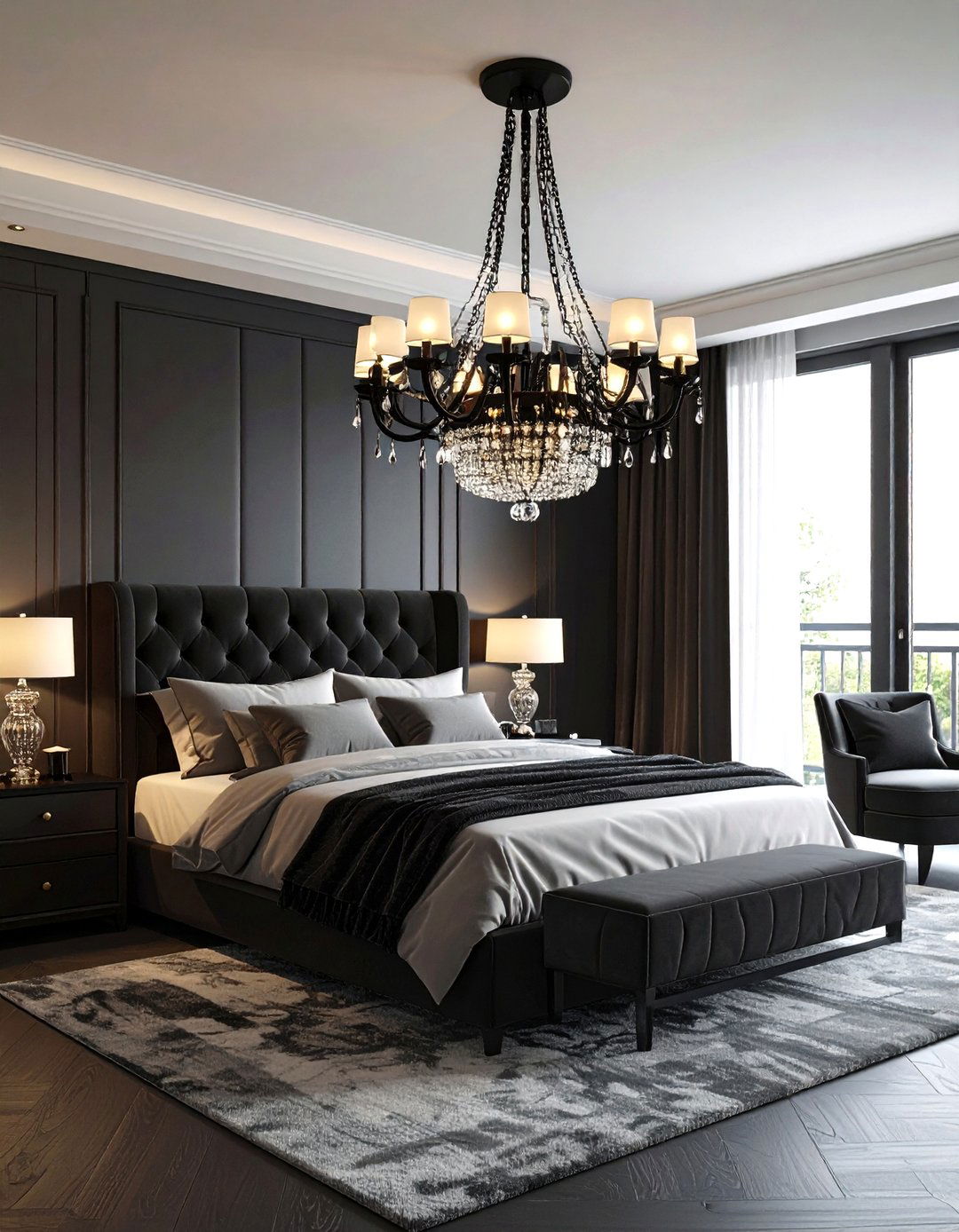 Etched Glass Chandelier for a Gentle Glow - 20 Feminine Black and White Bedroom Ideas