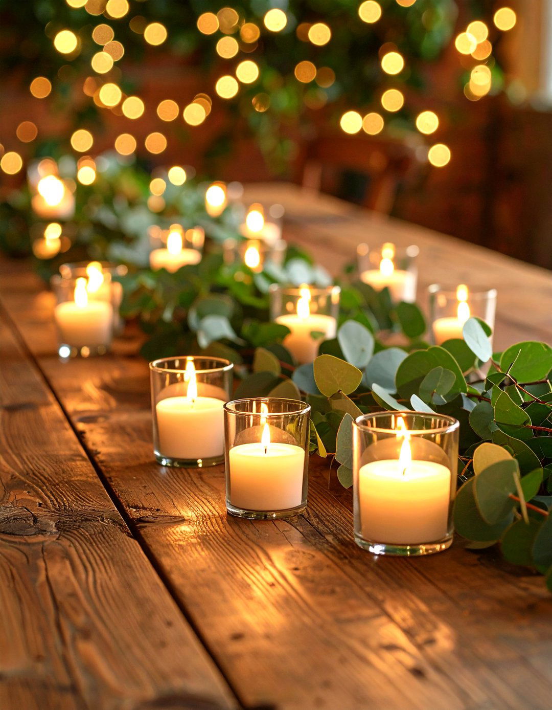 Eucalyptus Garland Table Runners with Scattered Votives - 20 Eucalyptus Wedding Centerpieces