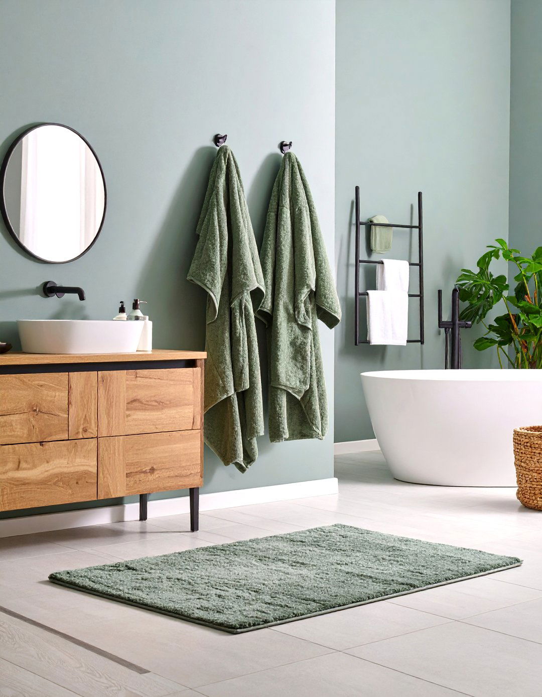 Eucalyptus Green Towels against Pewter Gray Walls - 20 Green and Grey Bathroom Ideas