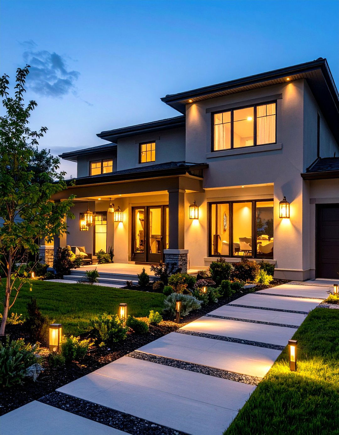 Evening Gray Exterior Enhanced by Warm Lighting - 20 Gray Exterior House Paint Ideas