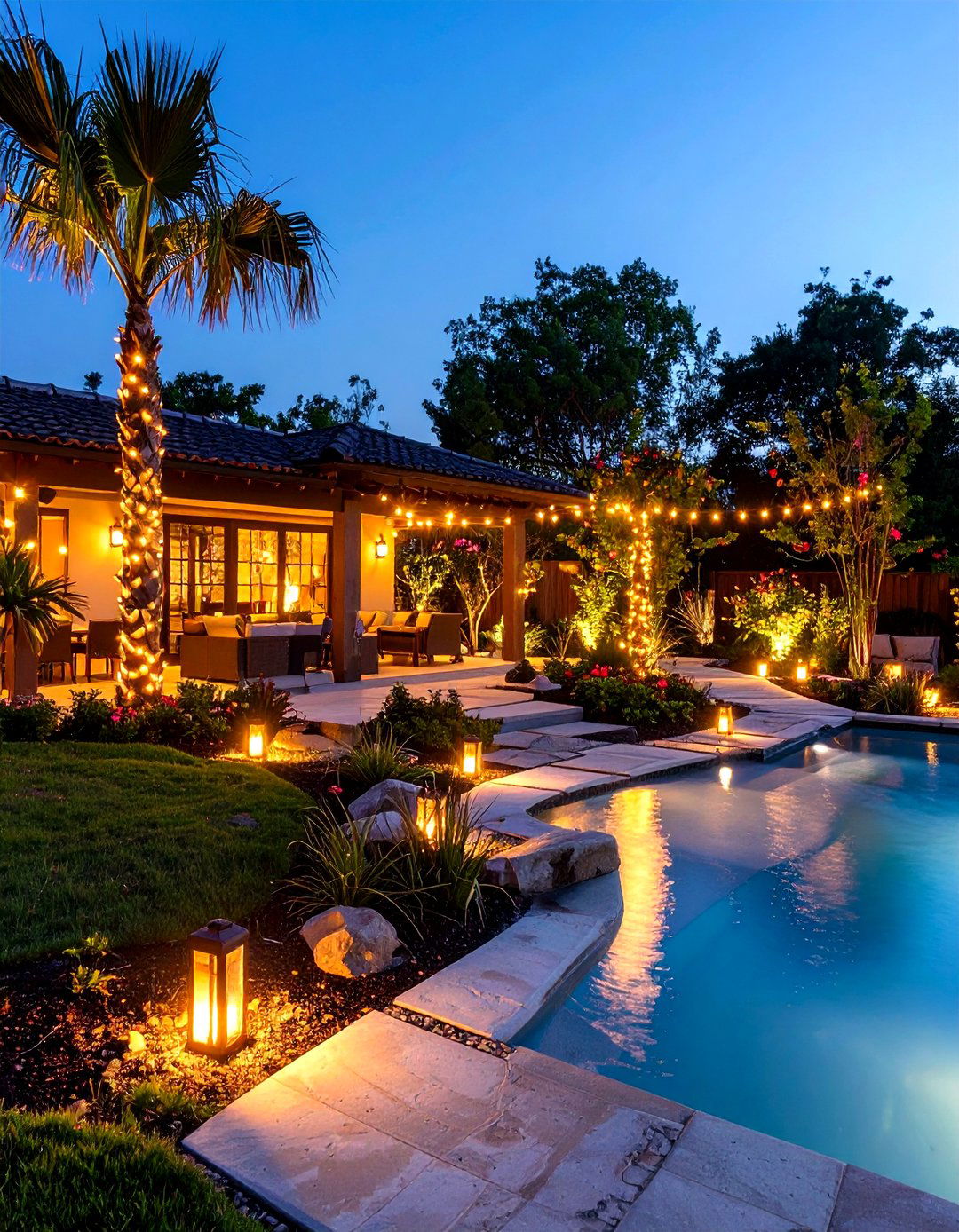 Evening Lit Tropical Garden Romance Setting - 20 Tropical Garden Ideas