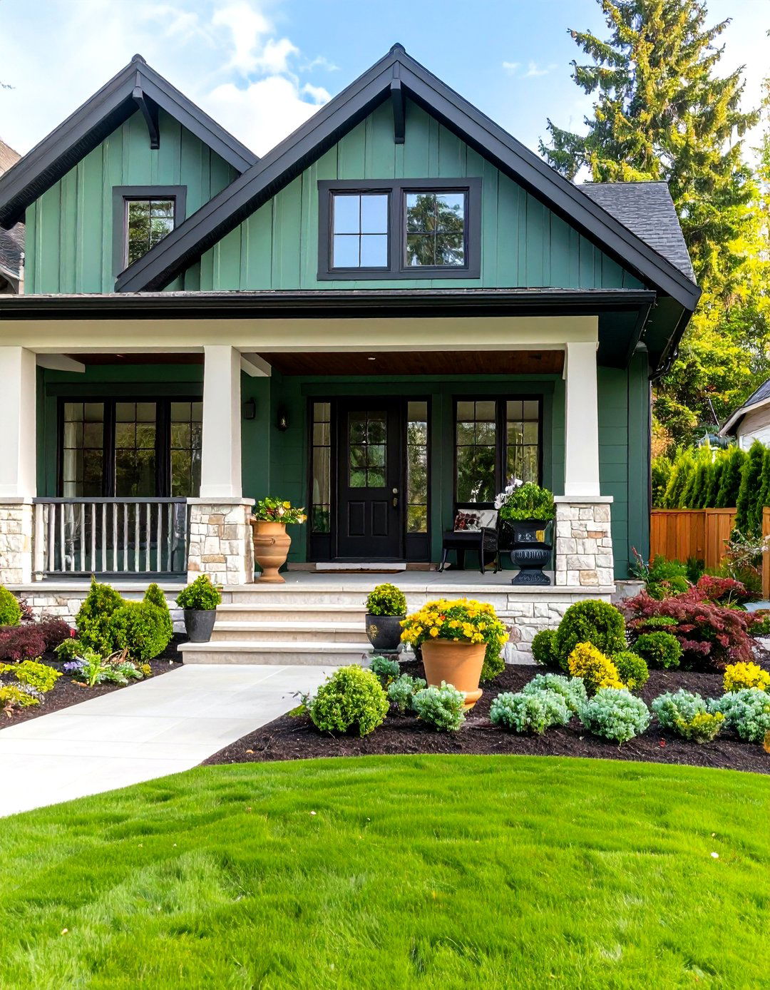 Evergreen Fog with Creamy Limestone Accents - 20 Dark Green Exterior Paint Color Schemes
