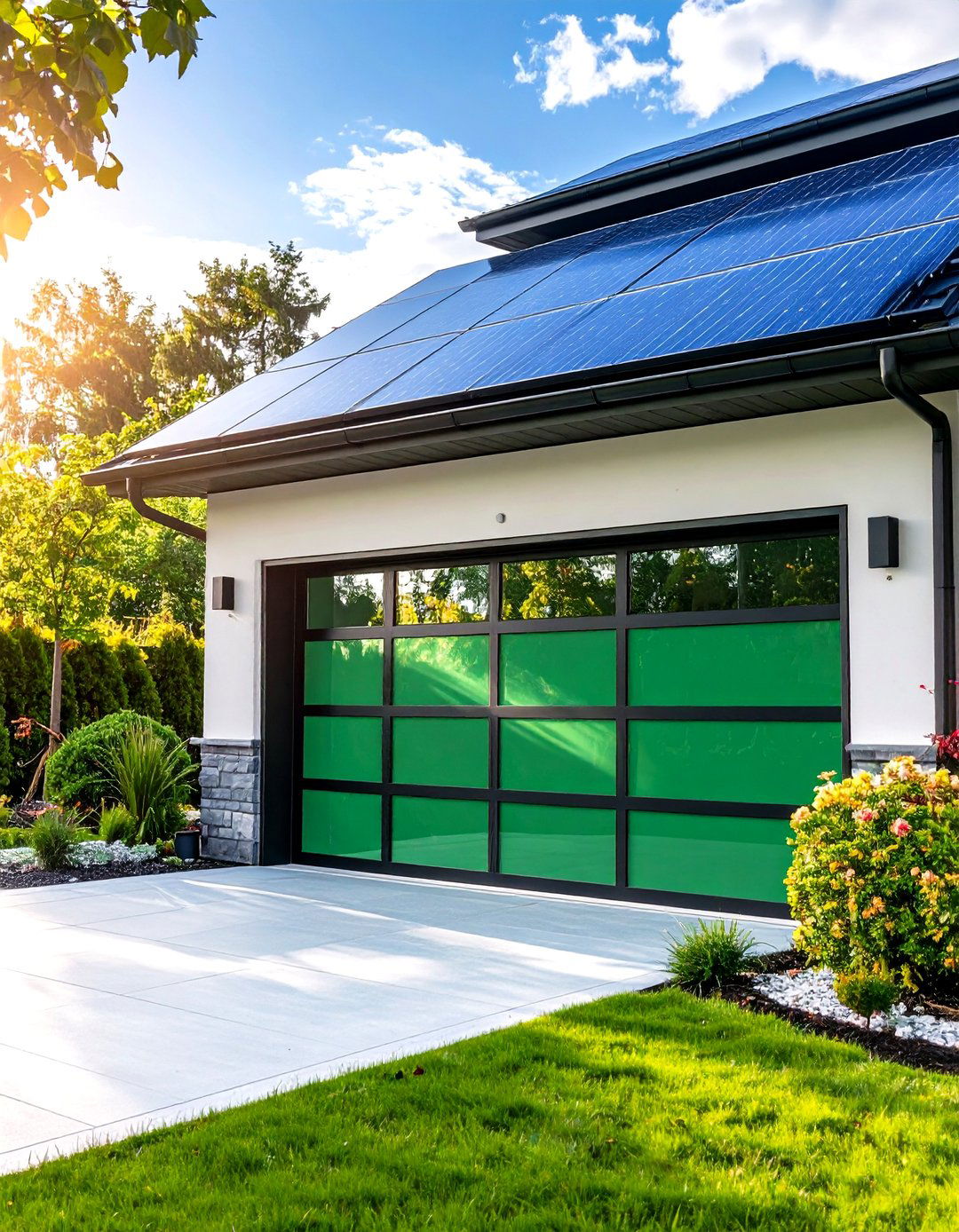 Evergreen Green Garage Door with Switchable Smart Glass Panels - 20 Green Garage Door Ideas