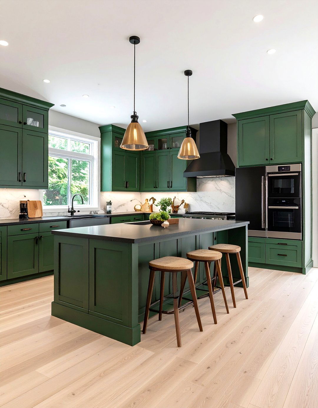 Evergreen Panels and Warm Wood Floors - 20 Green Kitchen Cabinets With Black Countertops