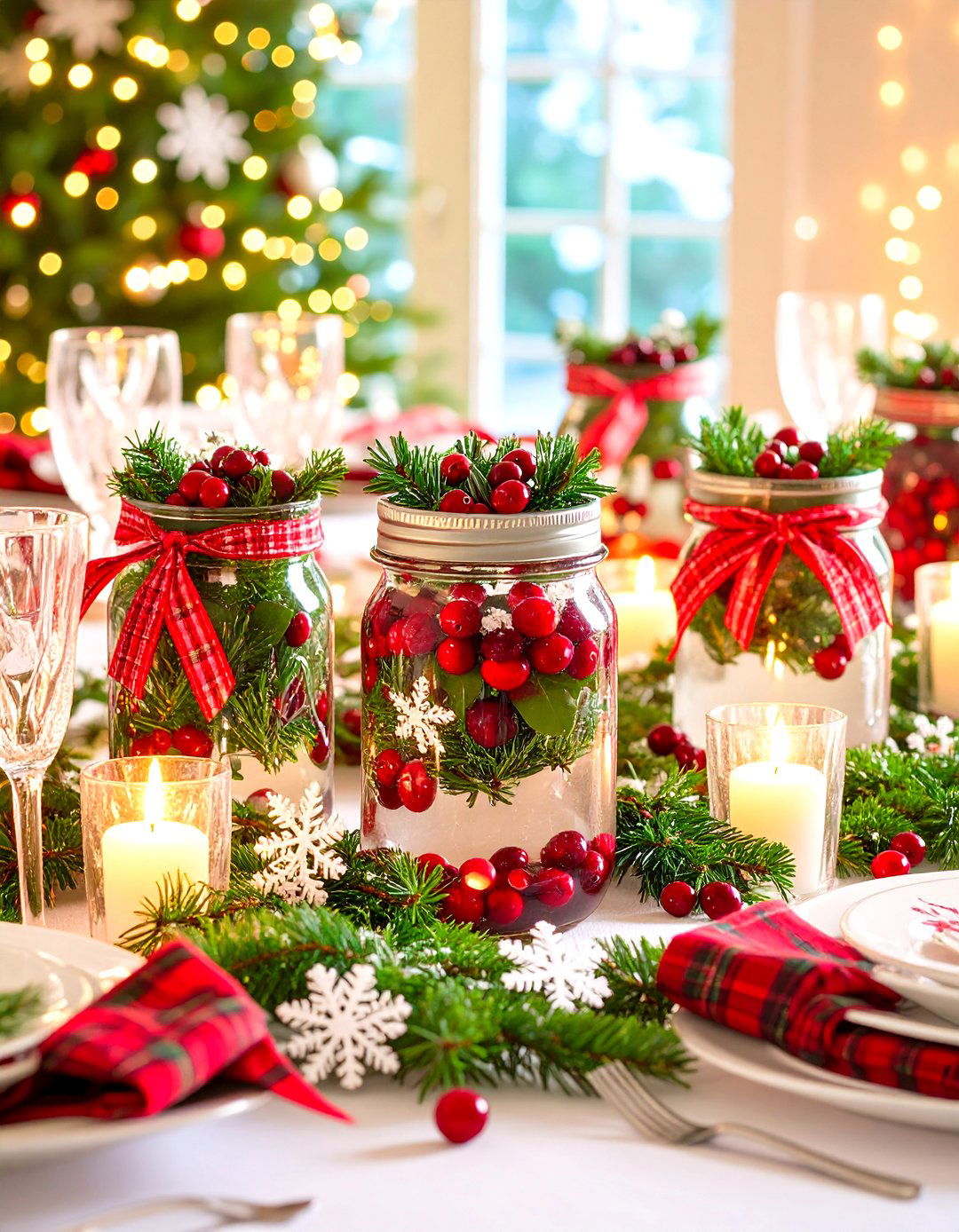 Evergreen and Cranberry Holiday Glow - 20 Mason Jar Centerpiece Ideas